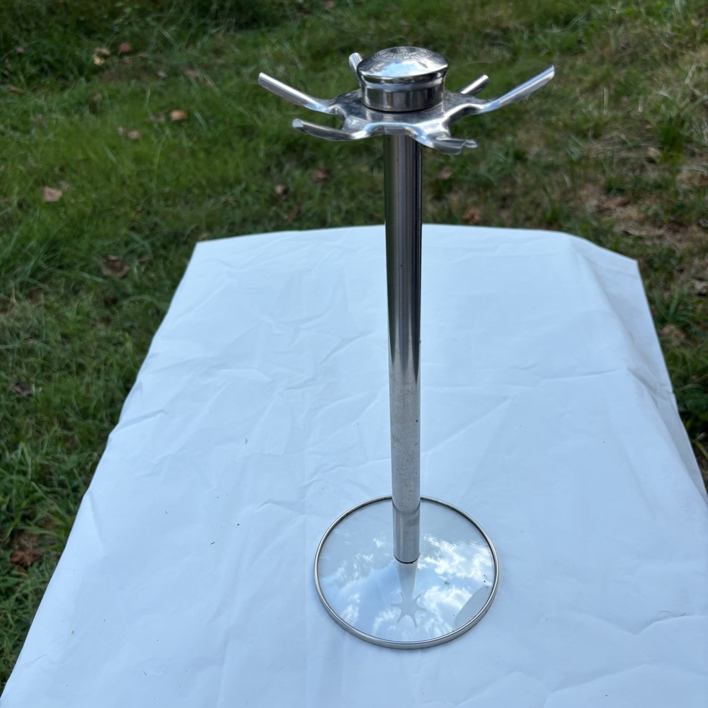 Mug holder countertop holds 6. 14” Tall. Comes apart for storage. Silver